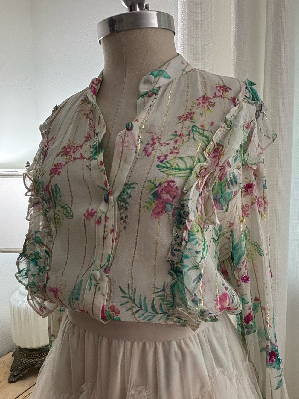 HEMANT & NANDITA Zaina Tropical Sheer Cream Blouse, M, EUC
